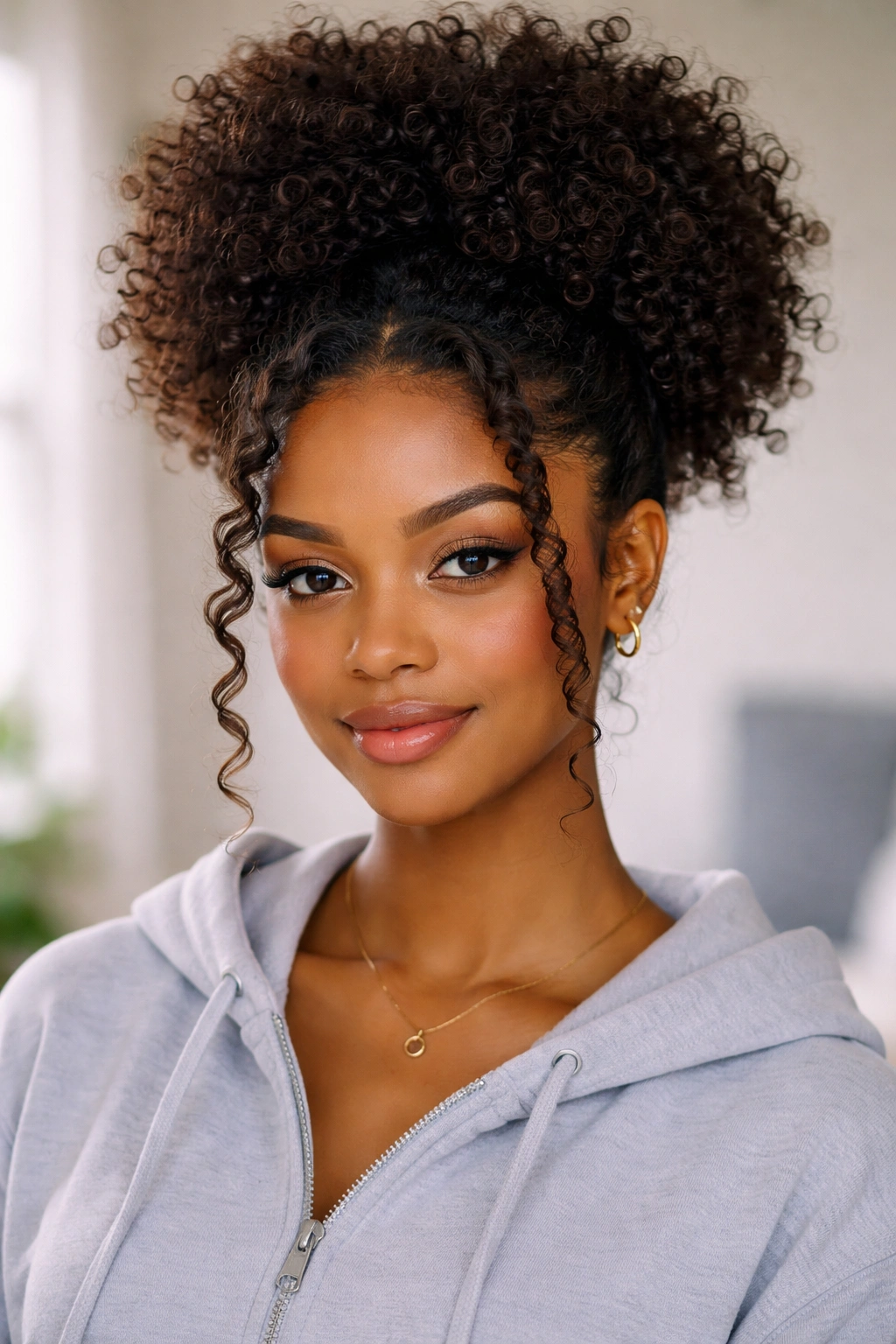High puff hairstyle with face-framing curls