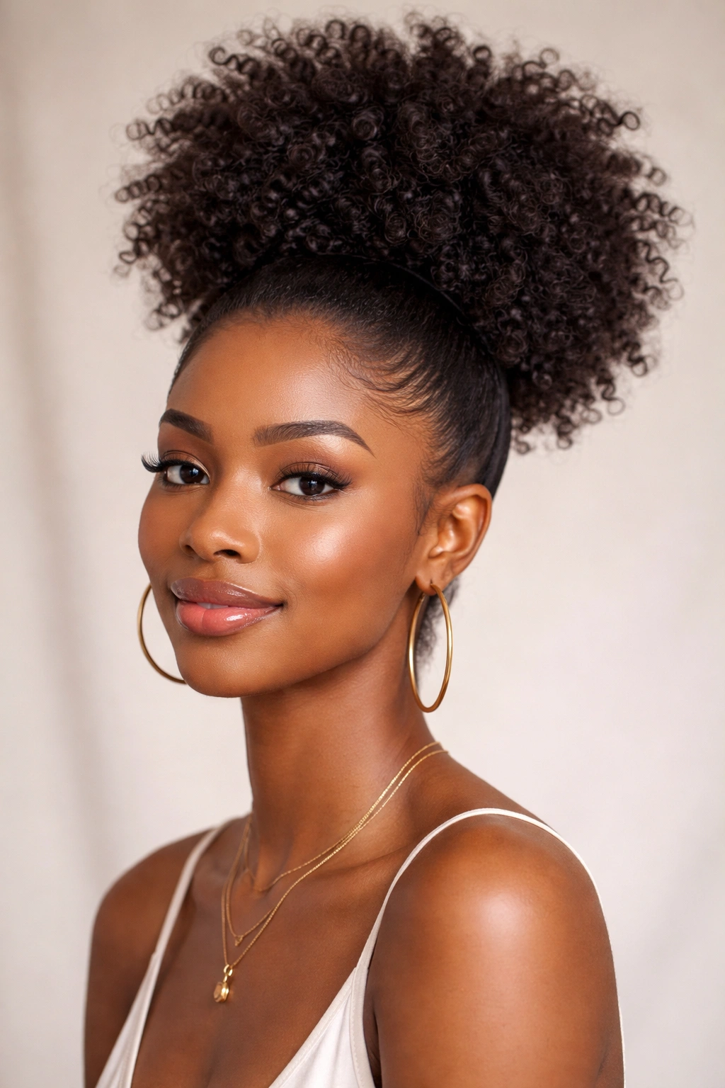 Close-up of a high puff hairstyle with a voluminous crown on textured hair