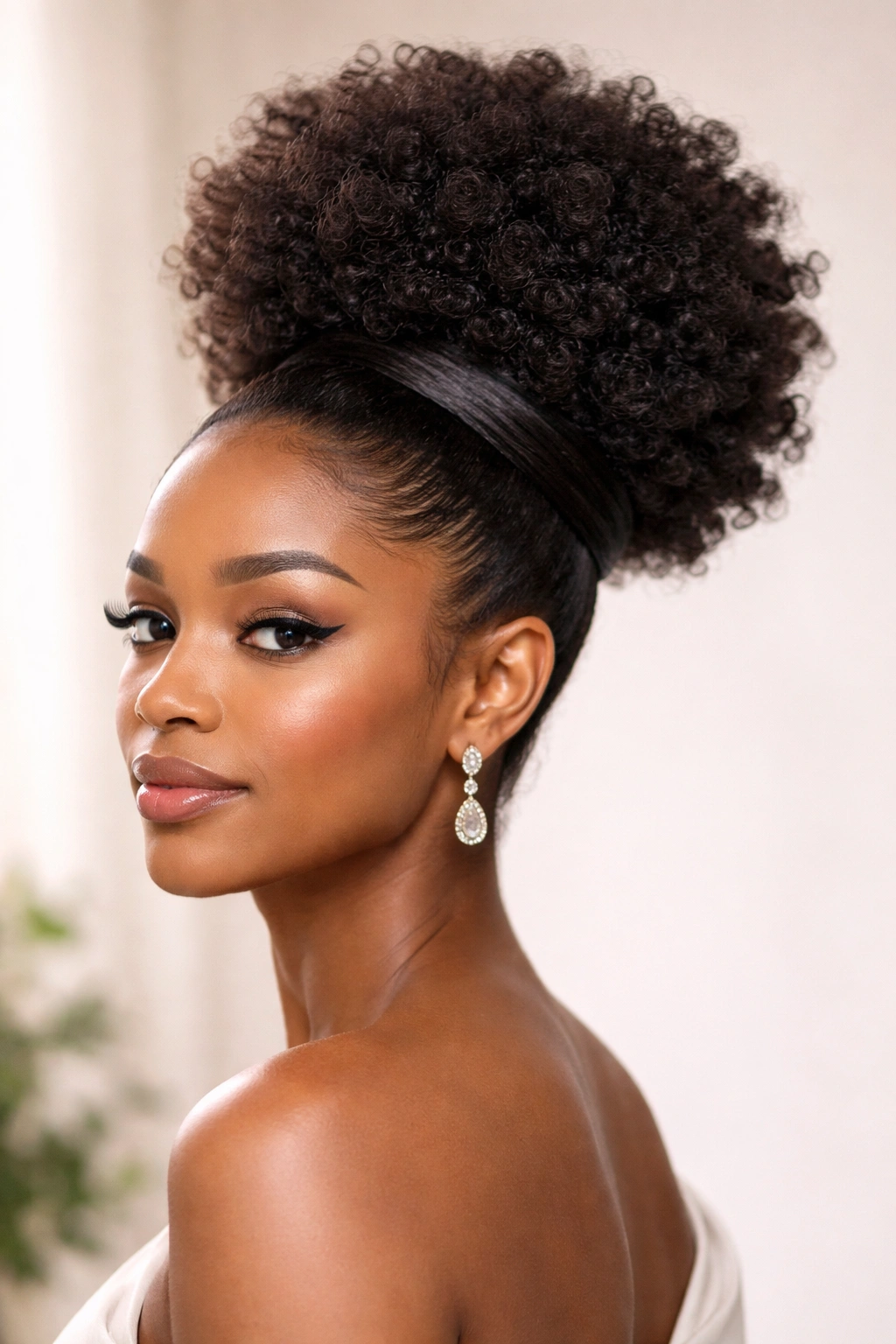 Close-up of high puff updo with wrapped base, showcasing polished texture and crown height