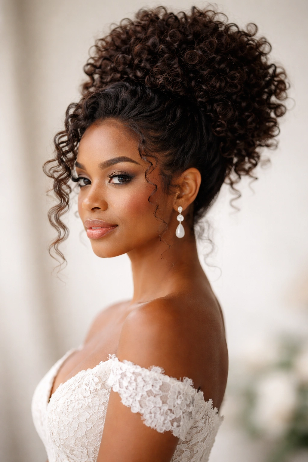 High puff updo on curly hair with volume and defined texture