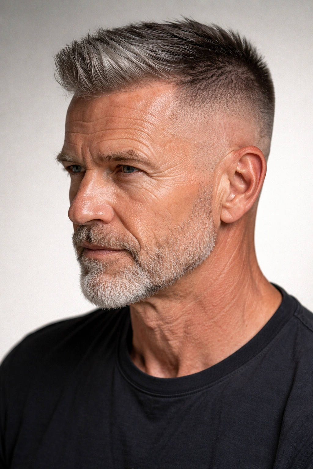 Close-up of a man with a high and tight fade, short sides and longer top, sharp lighting