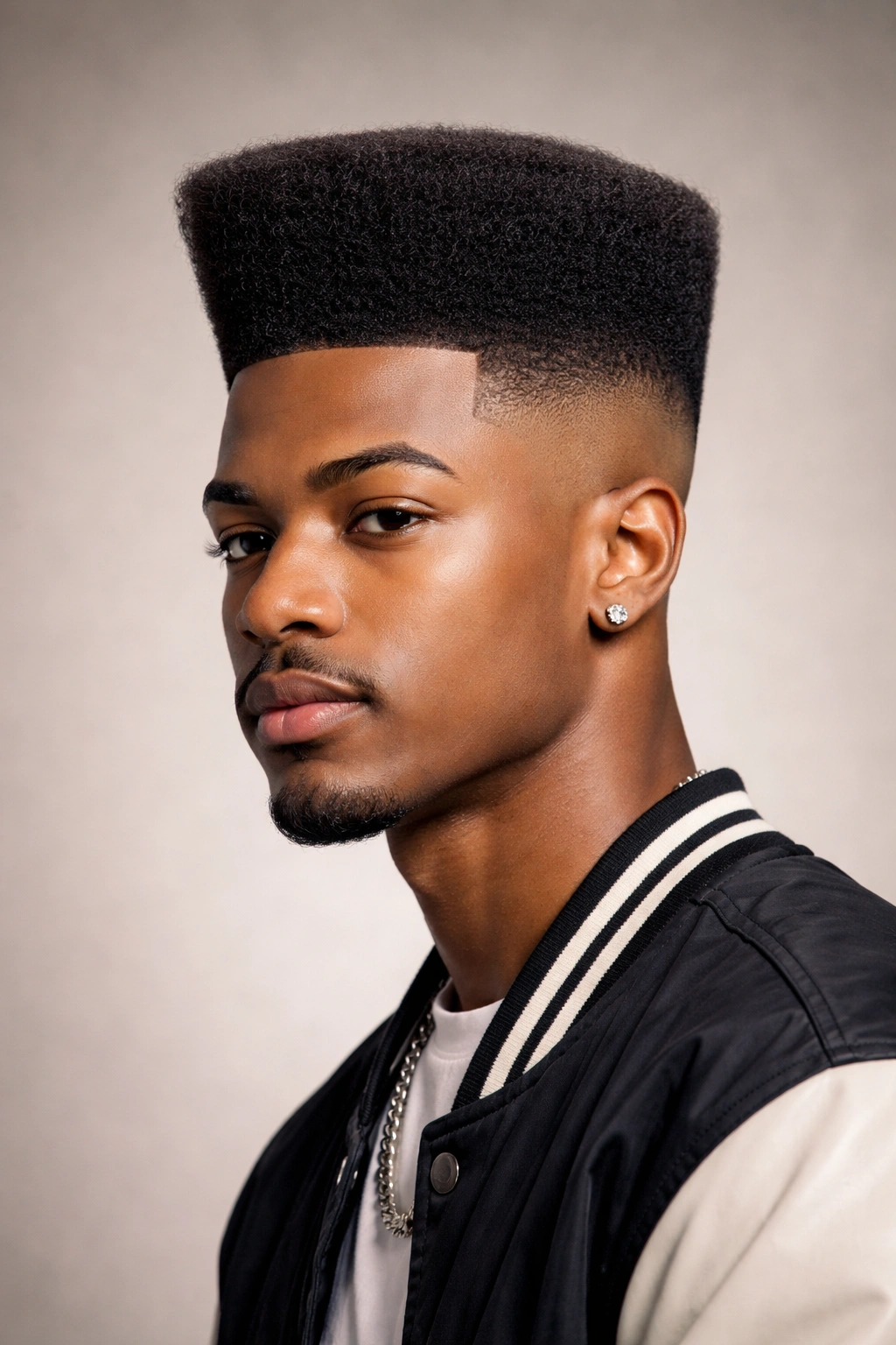 Portrait of a man with a tall high-top fade and faded sides
