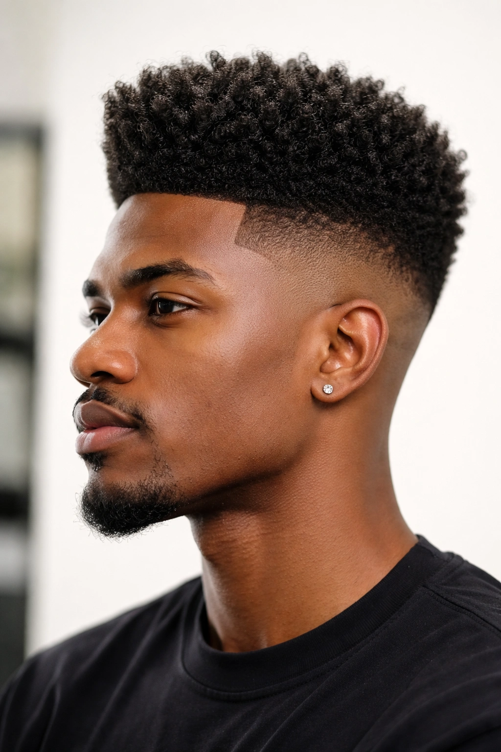 High top fade with crisp fade and tall, textured crown
