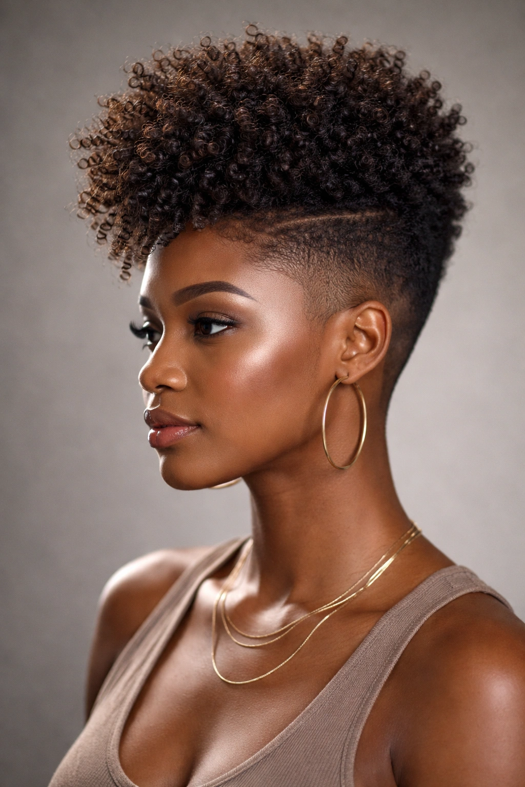 Close-up head-and-shoulders showing a high top fade with voluminous natural curls and sharp fade