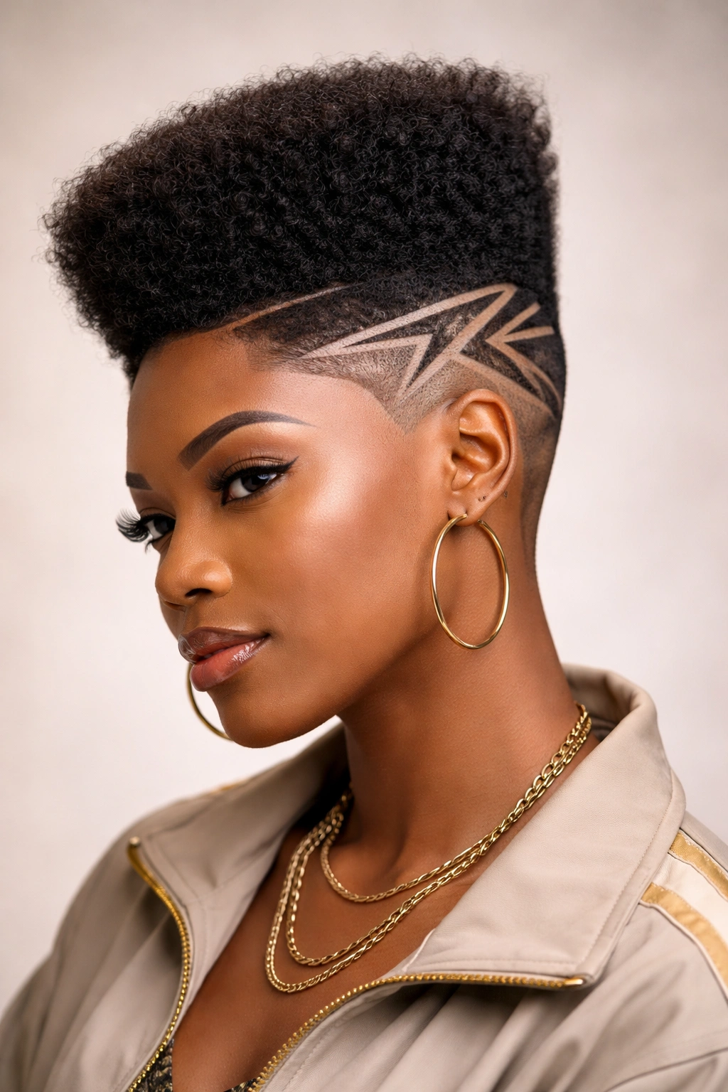 High-top fade with crisp side designs and voluminous top