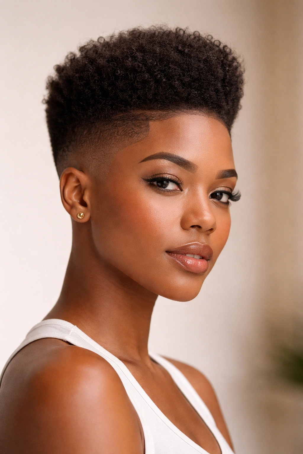 Three-quarter view of a high top fade with a pronounced fade