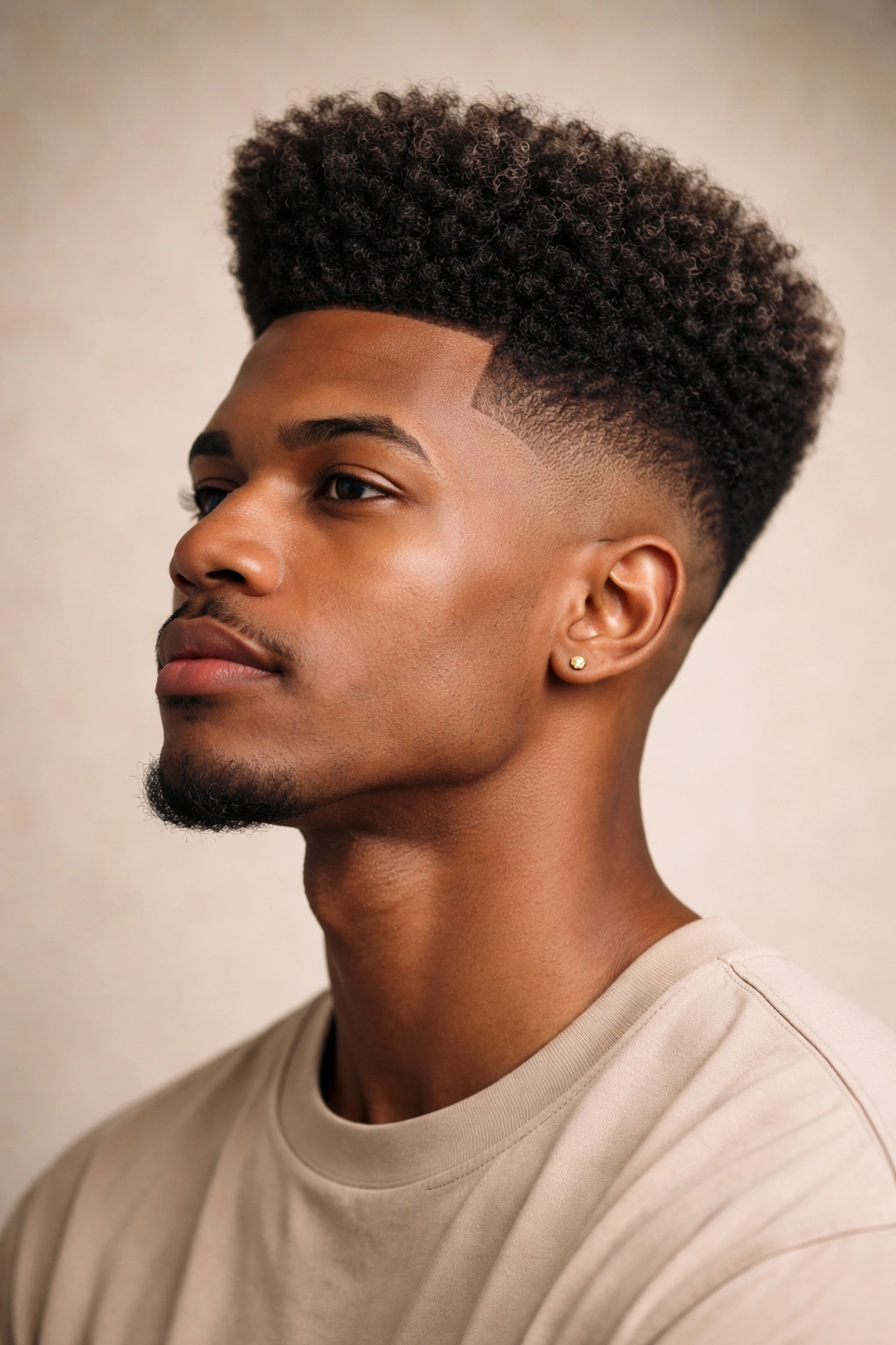 Portrait of a person with a high-top fade showing tall top and faded sides