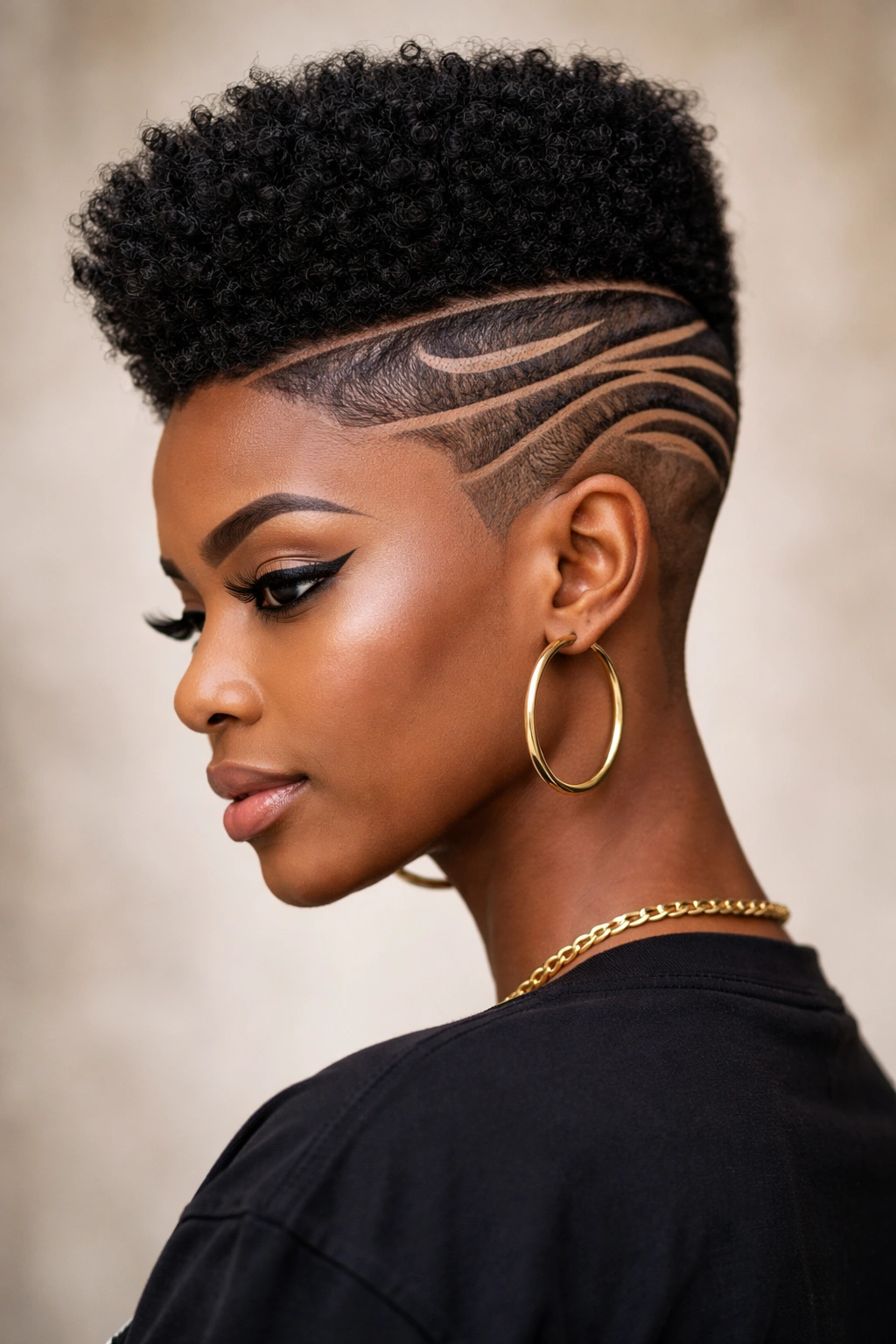Close-up of a Black woman with a high-top fade and scalp designs on the shaved sides.
