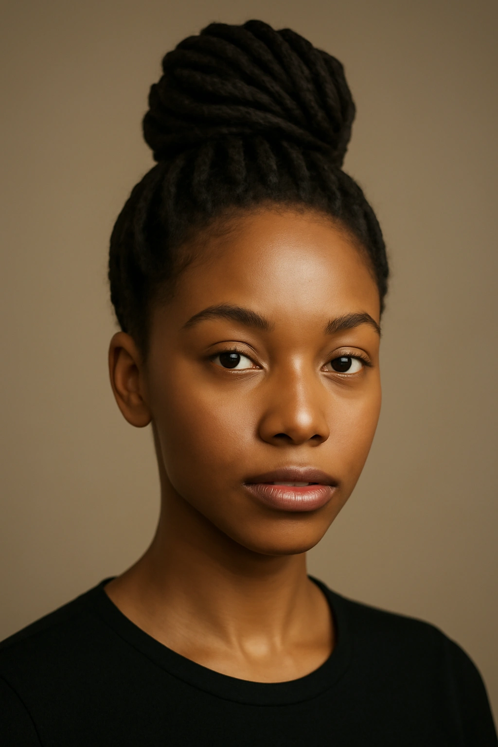 12 Short Loc Styles Women Are Obsessed With Right Now 1 Close-up of a high-top knot locs crown at the crown with textured locs