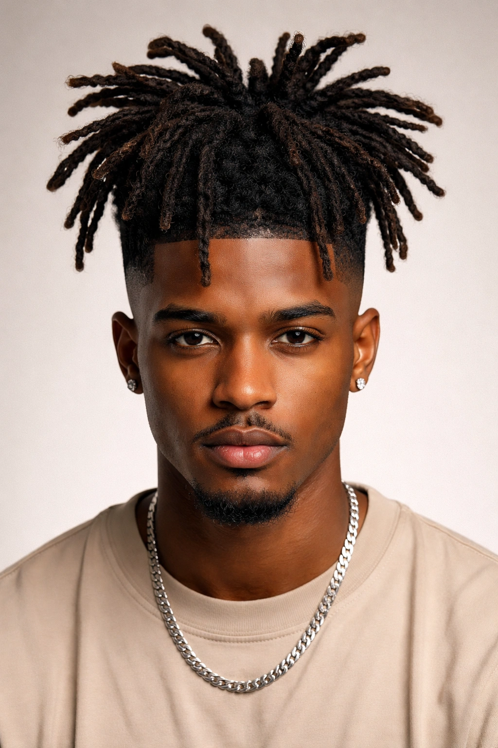 Front-facing person with high top locs and faded sides.