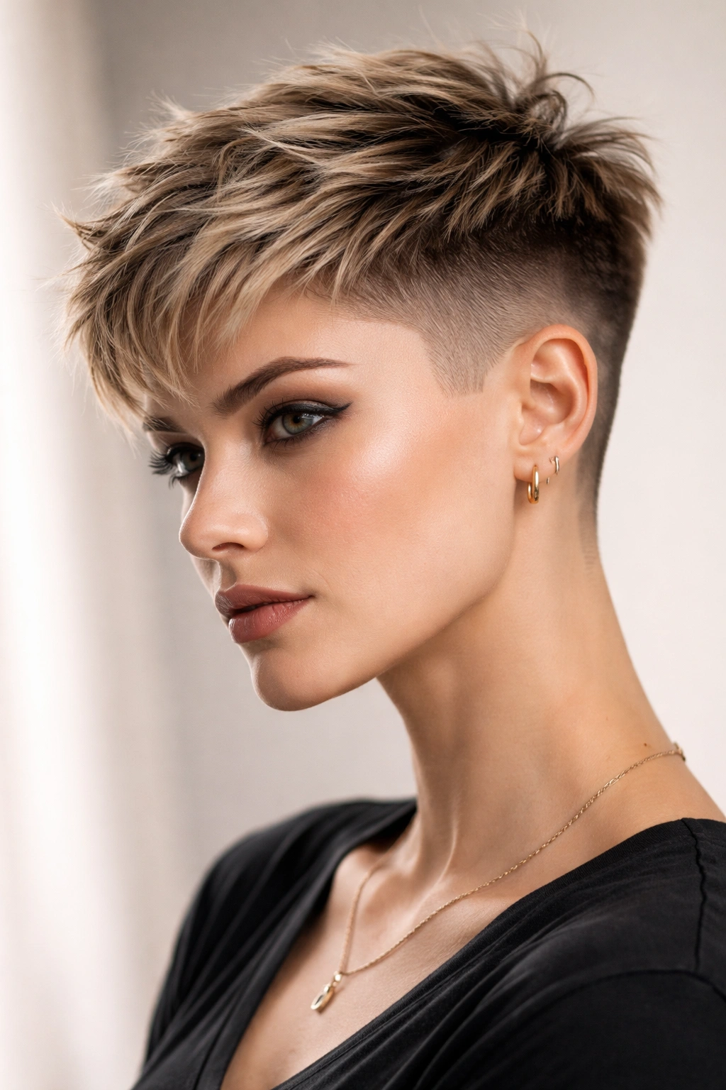 Close-up portrait of a woman with a high textured undercut and short top in studio lighting