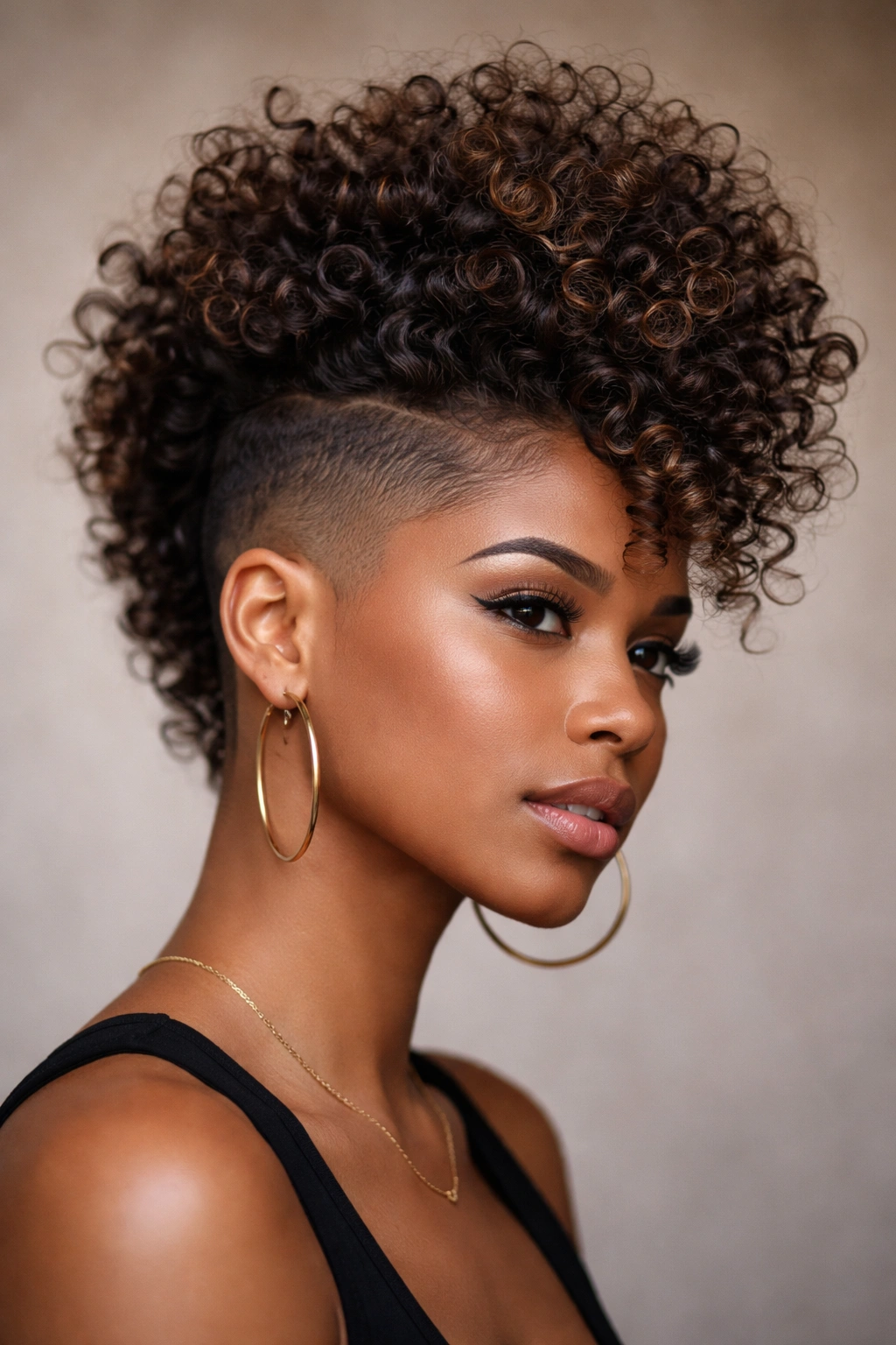 8 Curly Mohawk Styles That Stand Out On Women 1 Close-up of woman with high-volume curly top and shaved sides