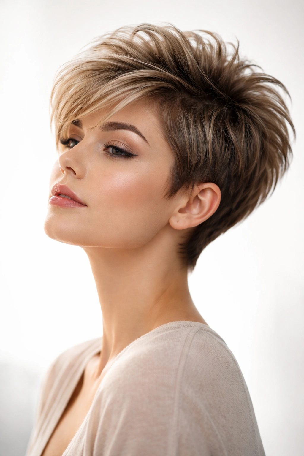 High-volume pixie hairstyle with elevated crown and tapered sides
