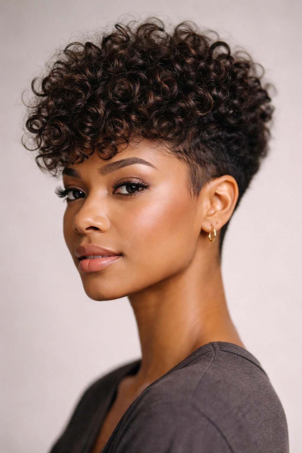 Close-up portrait of a person with a full, curly crown pixie haircut highlighting volume at the top