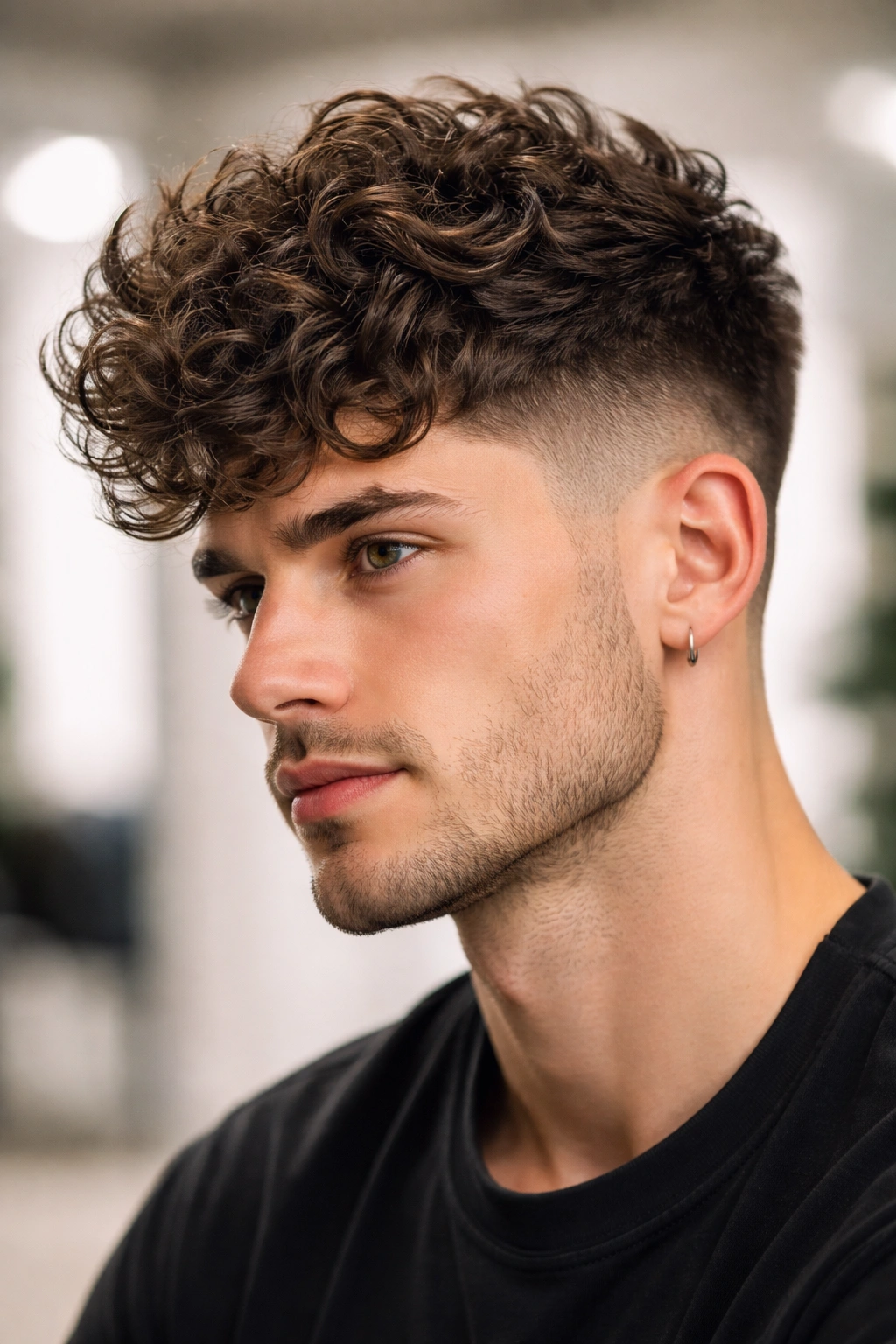 Portrait of a person with a high-volume textured crop showing a dramatic crown