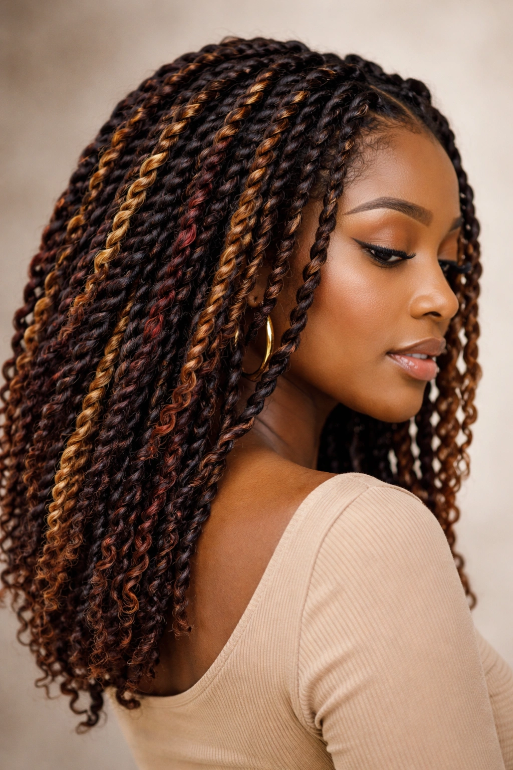 25 Natural Hairstyles Black Women Are Rocking Now 21 Close-up of dyed highlights on two-strand twists of a Black woman's hair