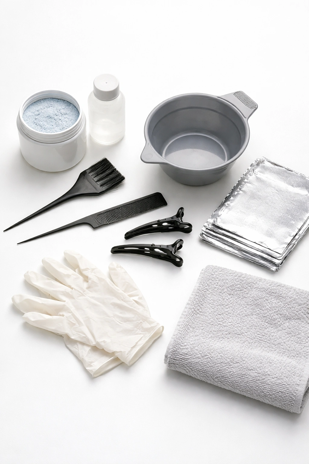 Flat lay of unmarked highlighting tools and supplies