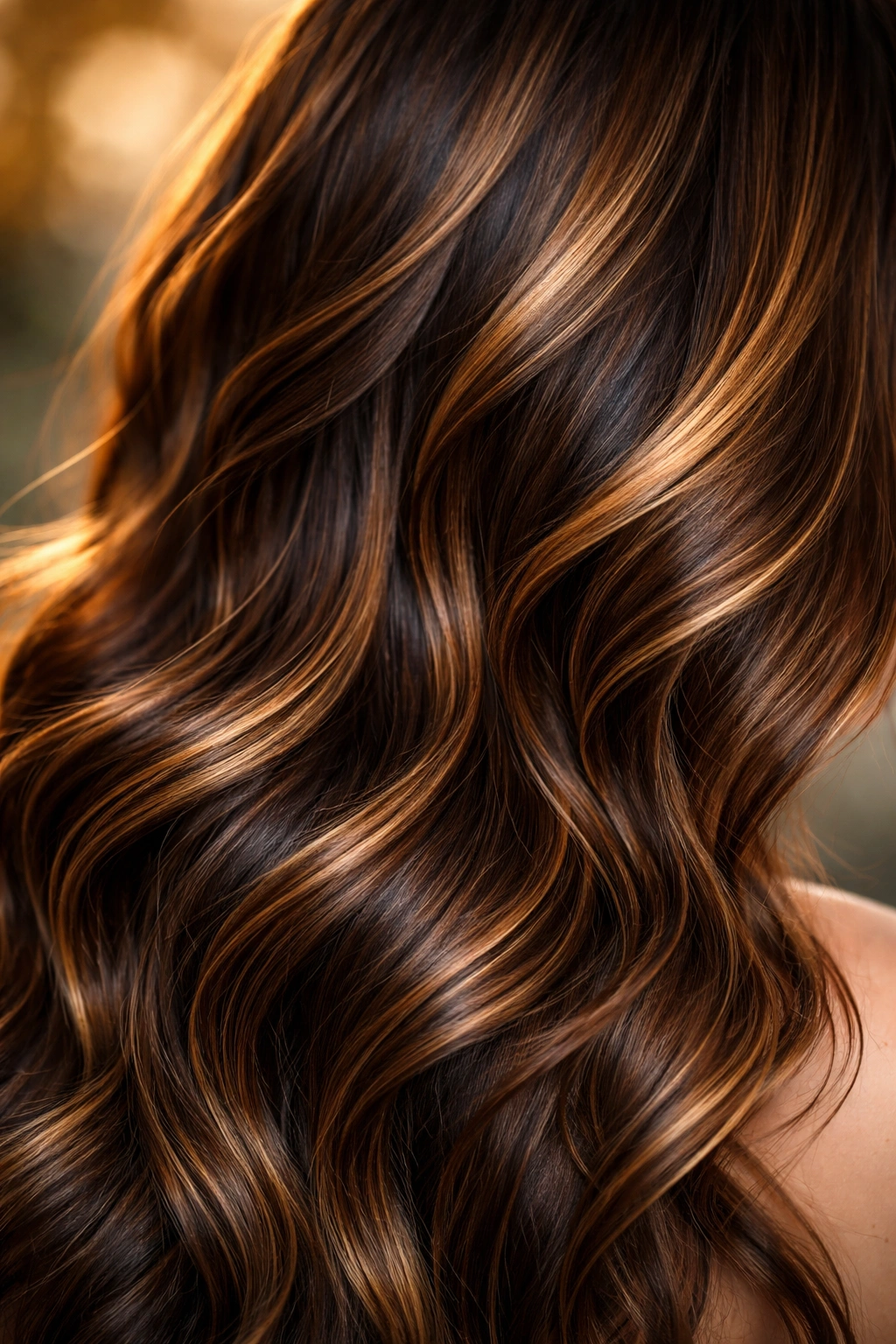 Brunette hair with multi-tonal highlights in warm light