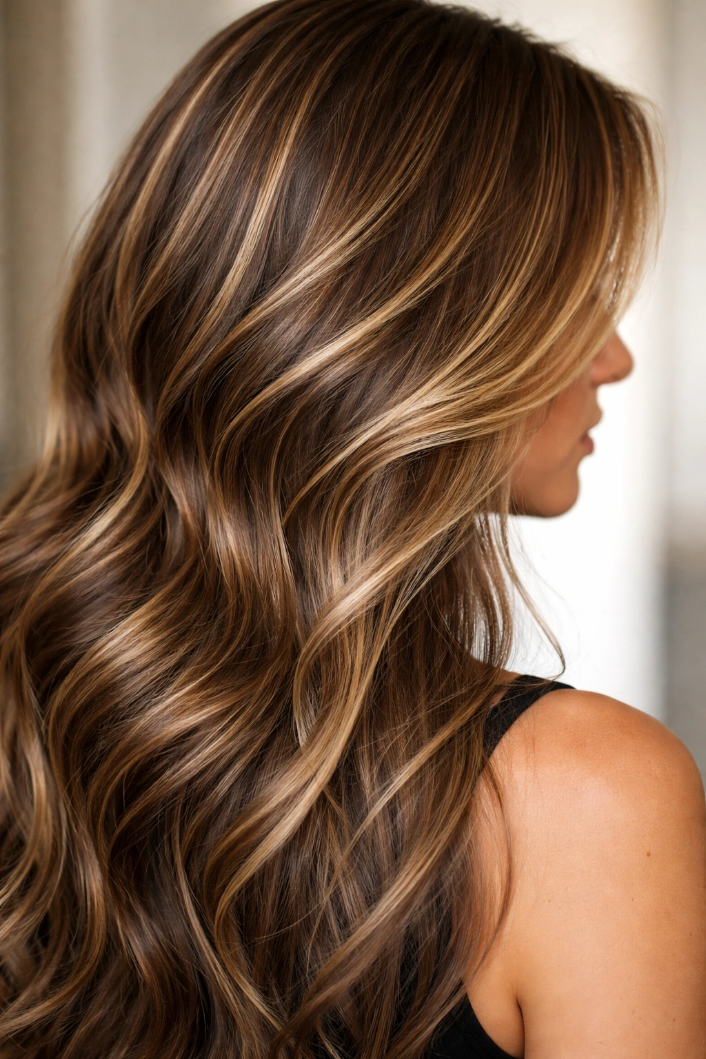 Brunette hair with natural-looking highlights close-up