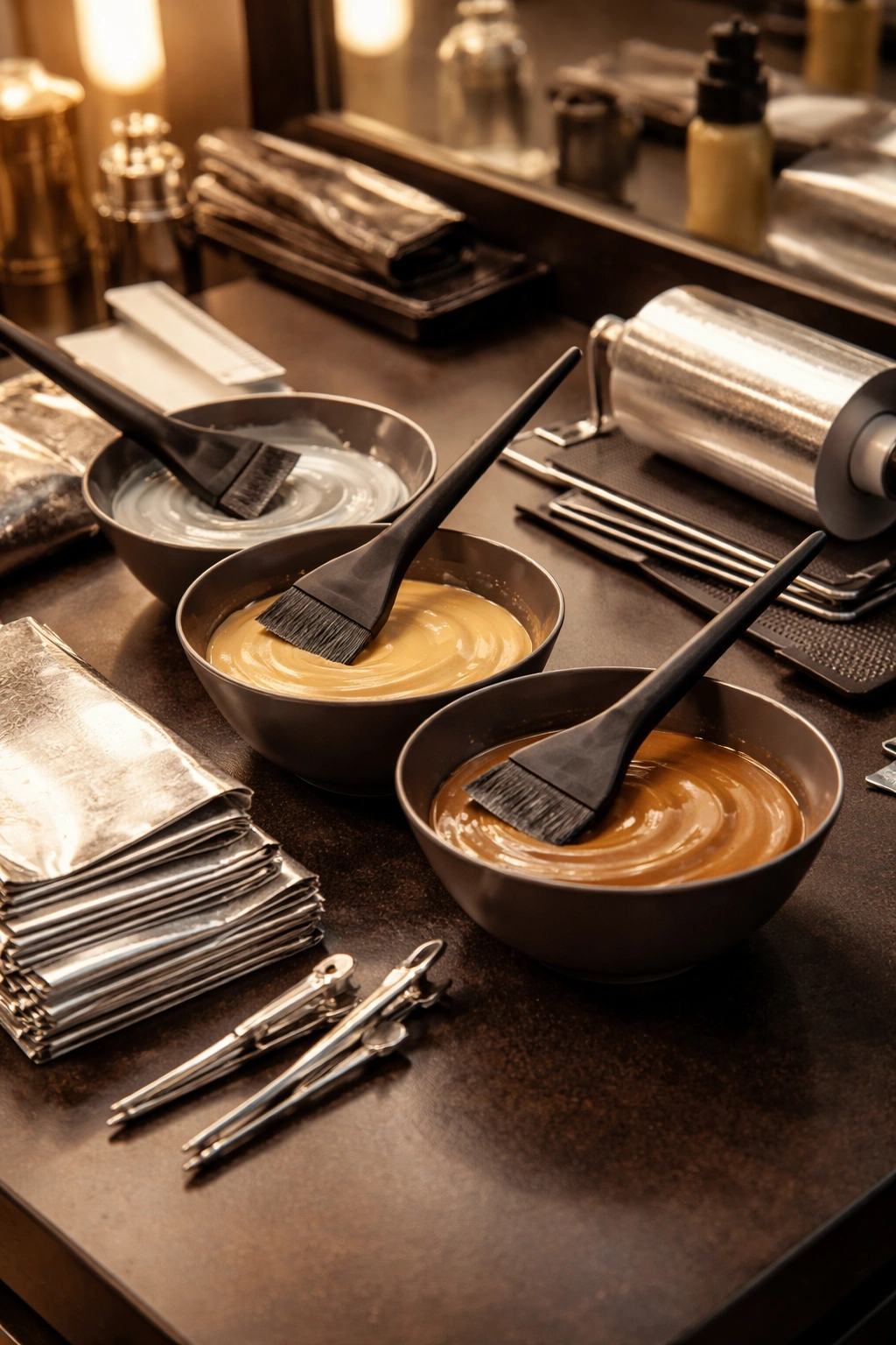 Luxurious salon color tools and palette on dark vanity