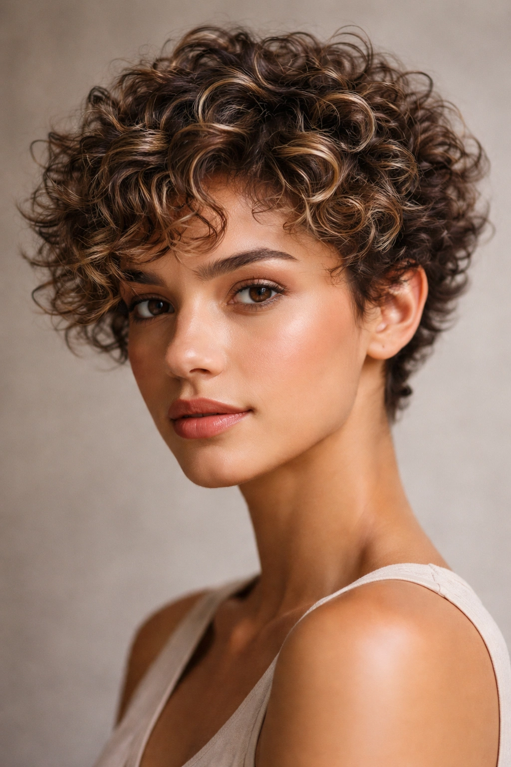 Close-up of short curly hair with lighter highlighted strands adding dimension.