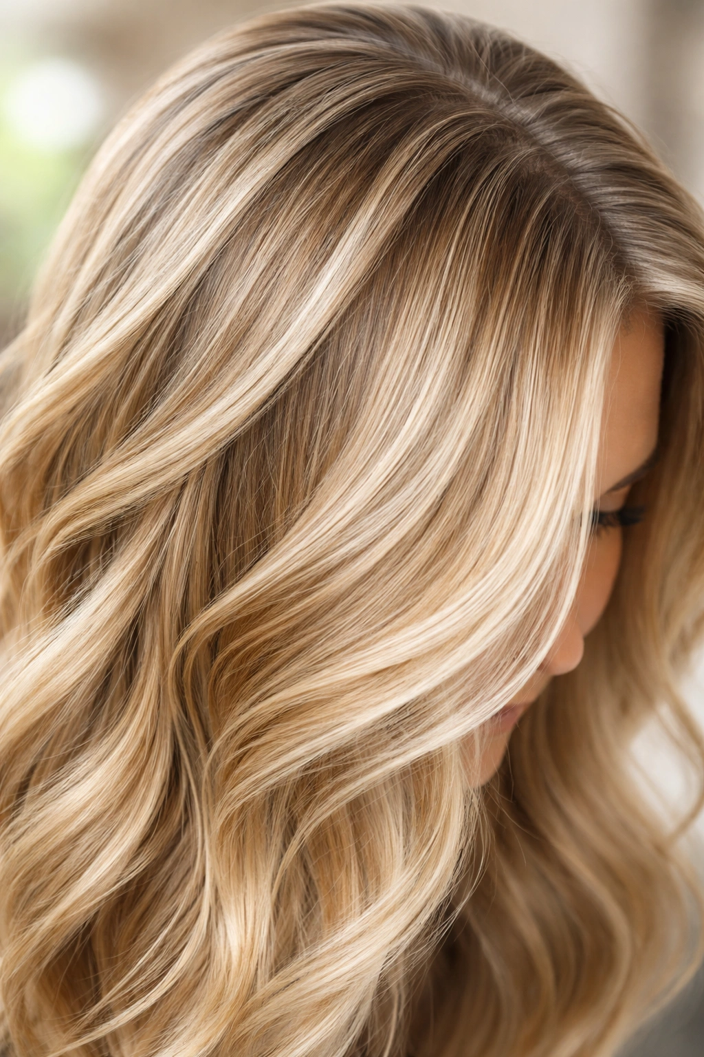 Close-up of hair showing grey roots blending into blonde highlights for dimensional color