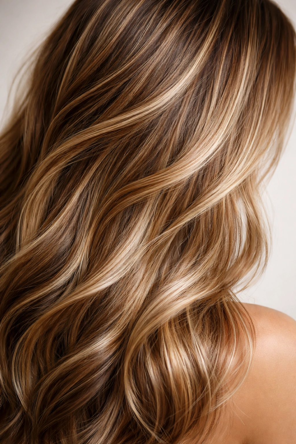 Close-up of hair with multidimensional highlights for sun-kissed dimension