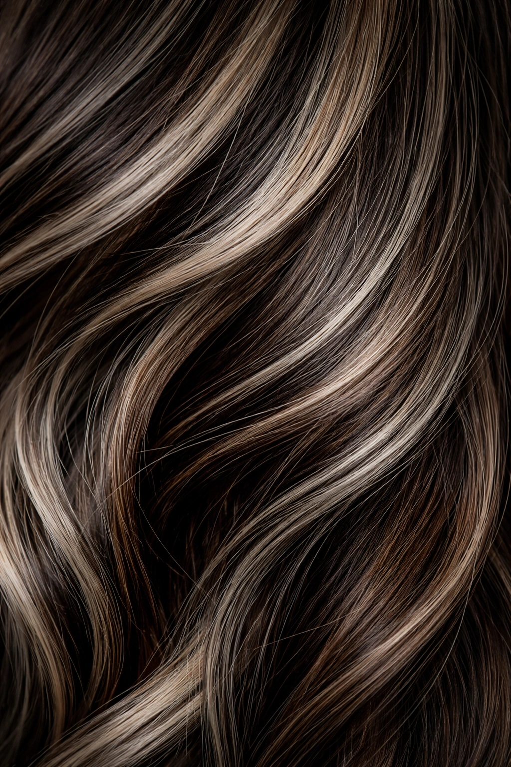 Hair with ash highlights and dark lowlights creating depth on dark brown base