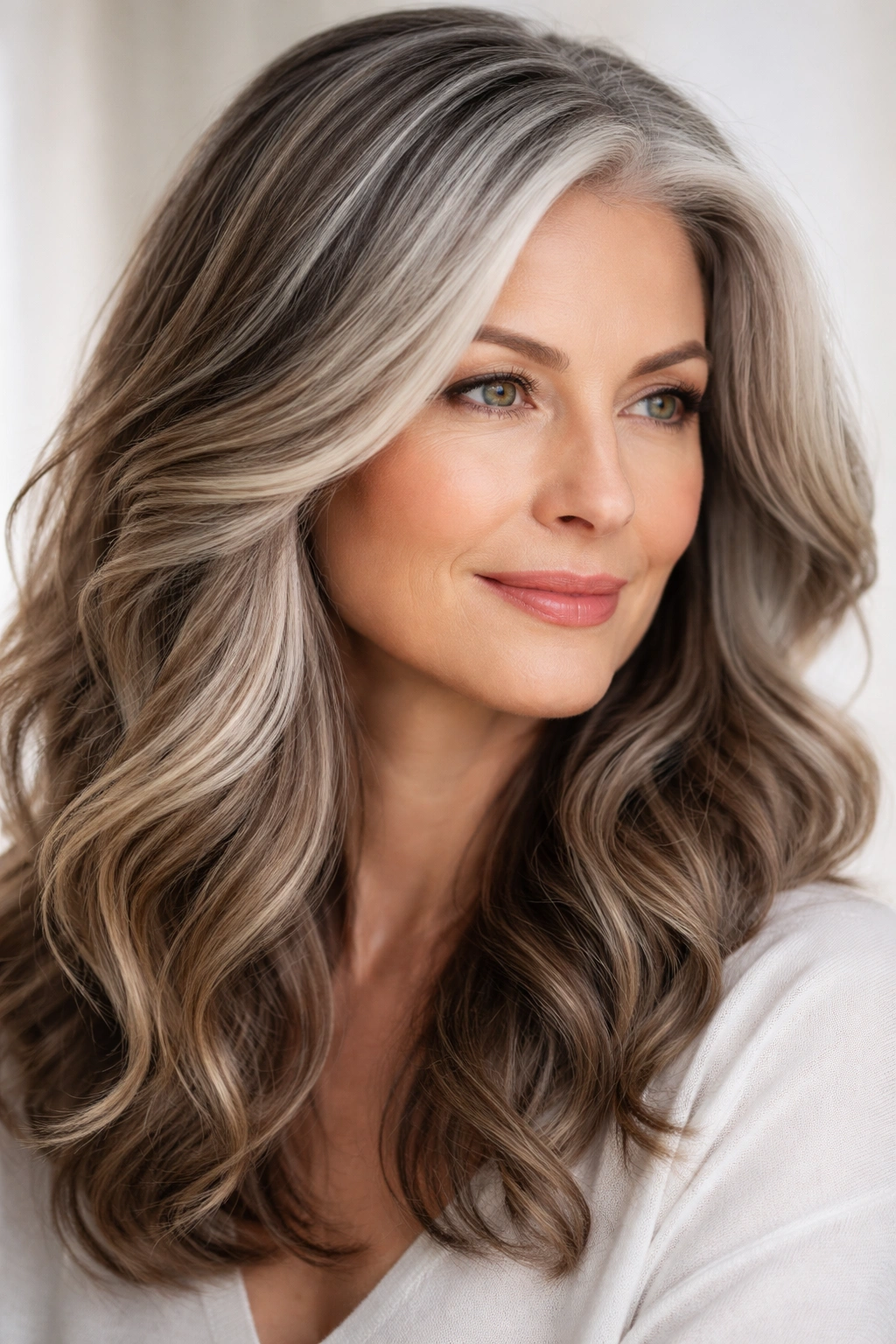 Portrait with hair showing highlights and lowlights blending into gray