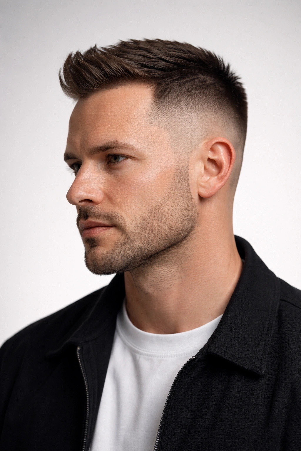 Male head with high taper fade showing temple fade and textured top