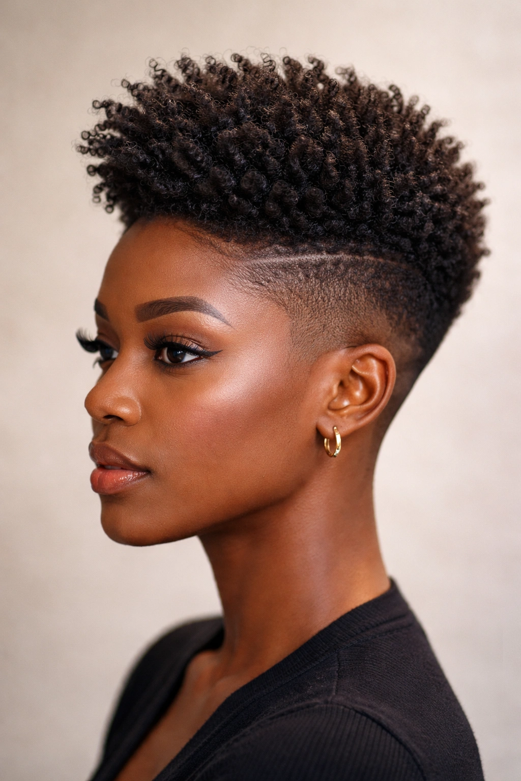 Close-up of textured high-top fade with voluminous curls on a Black woman
