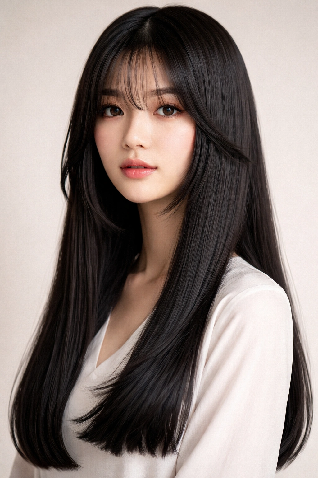 Modern hime with curtain bangs framing the face in a sleek silhouette.