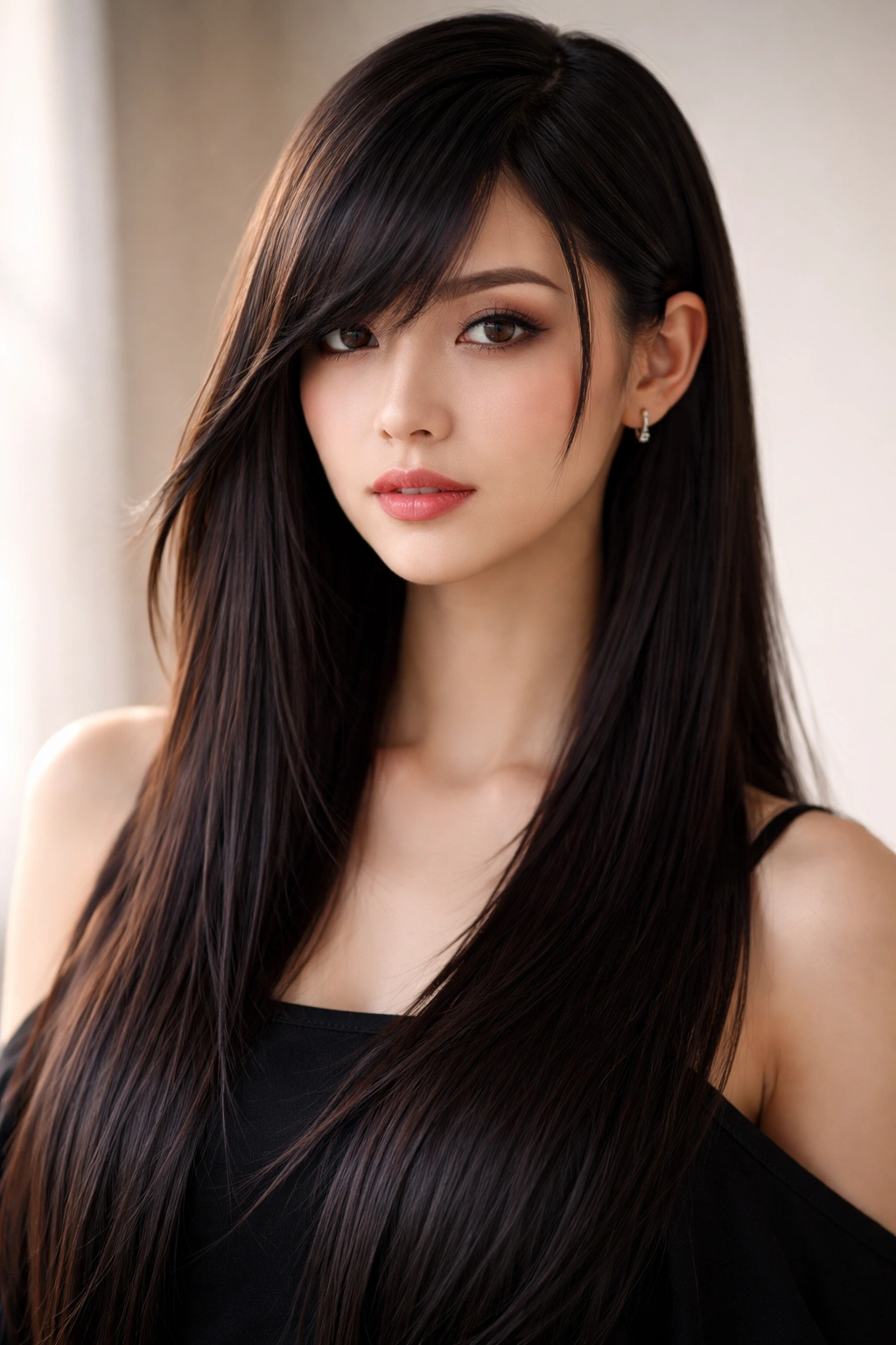 12 Hime Cut Hairstyles For Sleek Straight Hair 4 Portrait of hime cut with off-center part and mismatched side locks