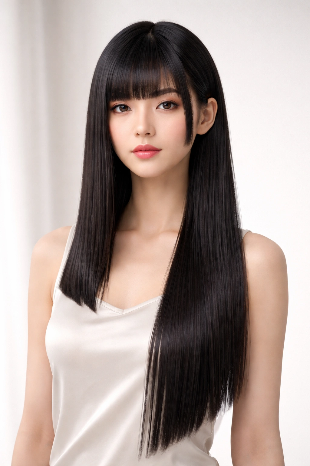 Portrait of Asymmetrical Hime with One Long Side on straight hair.