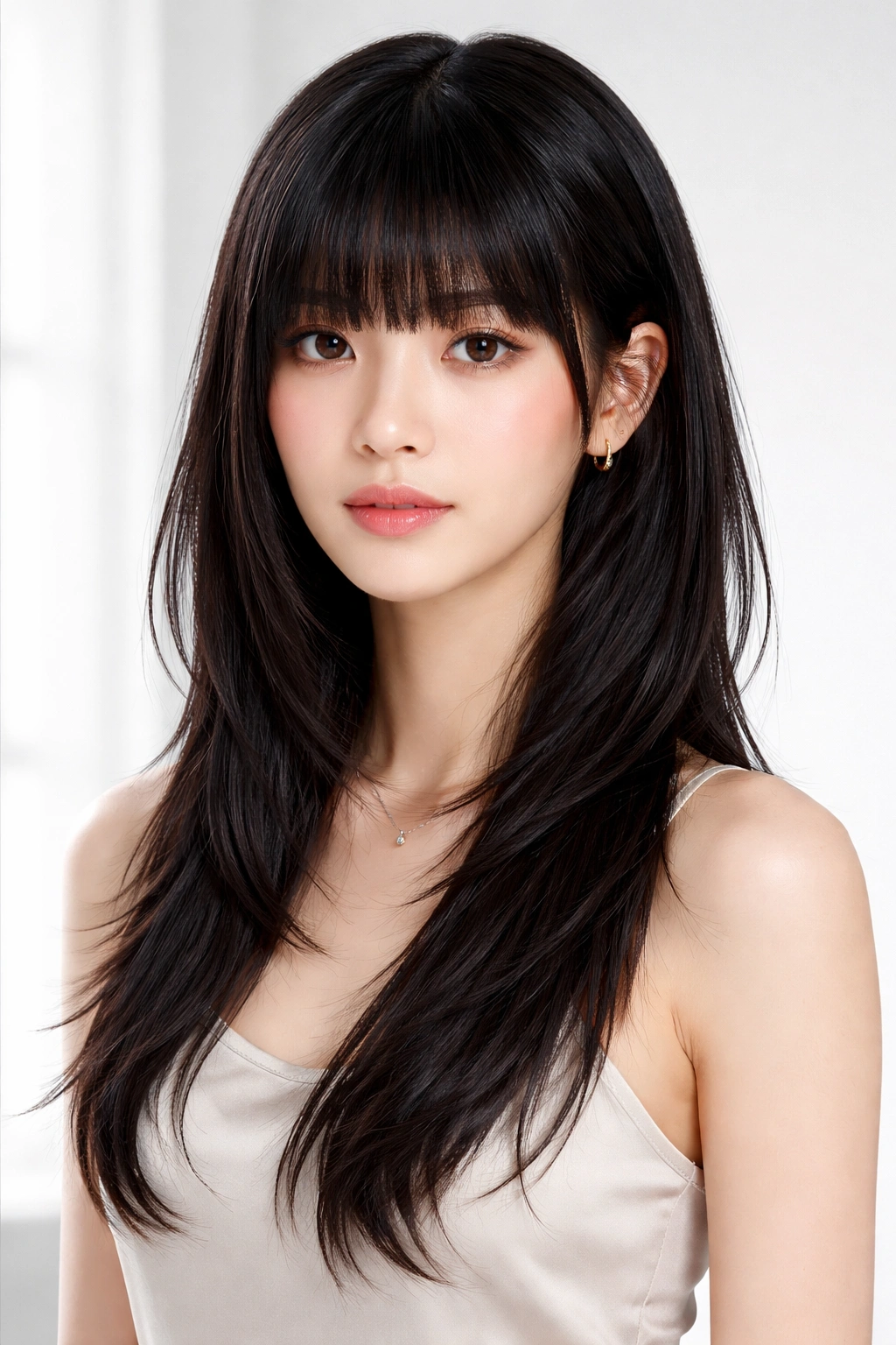 Portrait of Blunt Bangs with Soft Back Layers on straight hair.