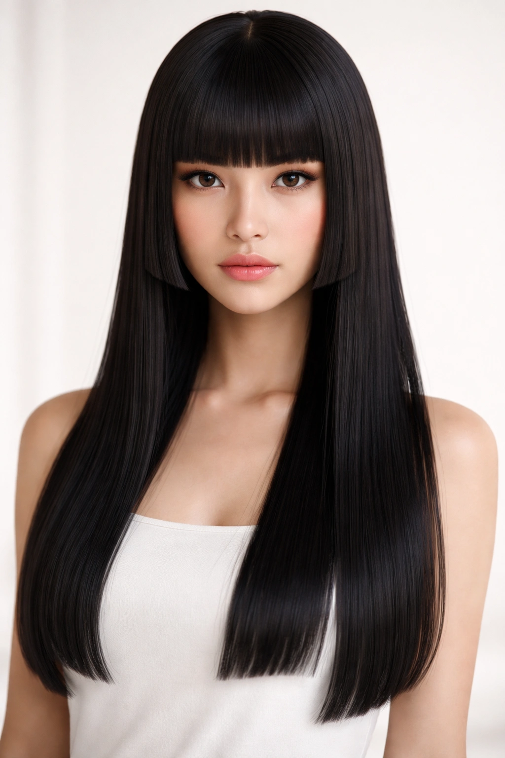 12 Hime Cut Hairstyles For Sleek Straight Hair 5 Portrait of hime cut with blunt bangs and long side locks