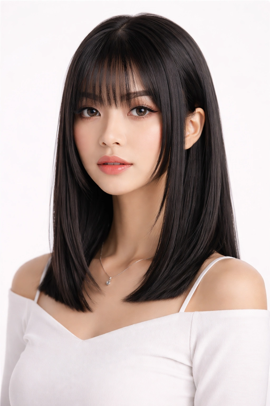 Portrait of Collarbone-Length Hime with Shorter Back on straight hair.