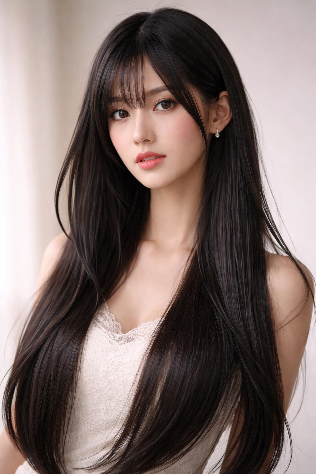 12 Hime Cut Hairstyles For Sleek Straight Hair 11 Portrait of a person with curtain-parted hime cut and flowing side sections