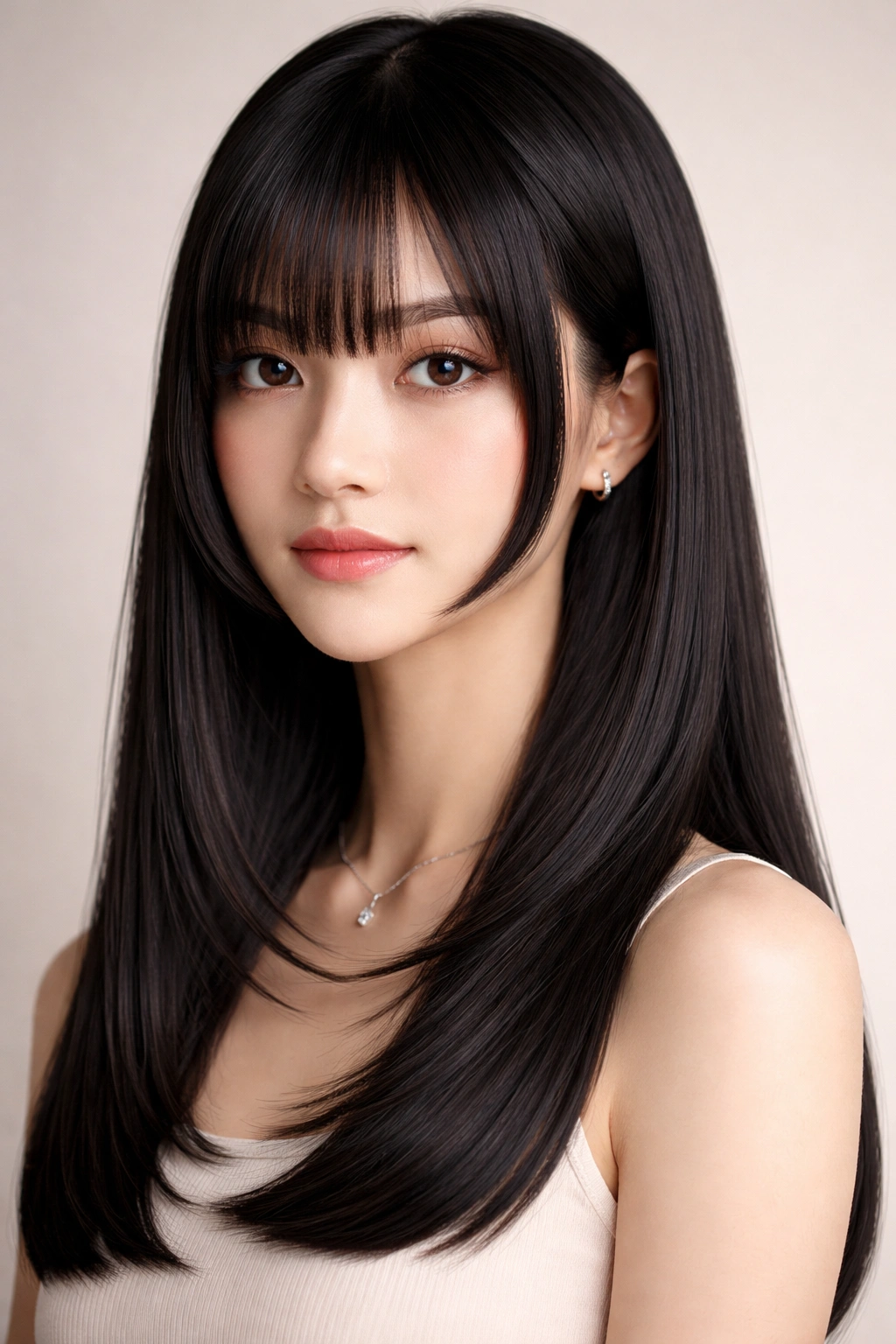 Close-up of Hime Cut with Curved Face-Framing showing inward-curving side pieces and blunt back.