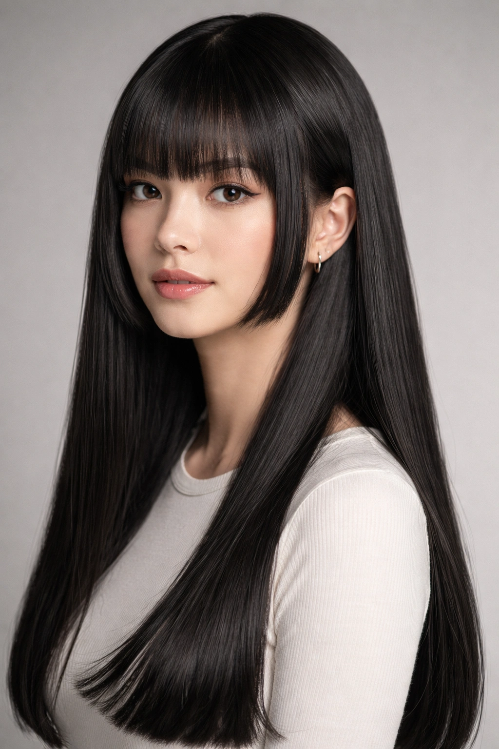 Close-up of a model with a hime cut—blunt bangs and long straight hair, studio lighting