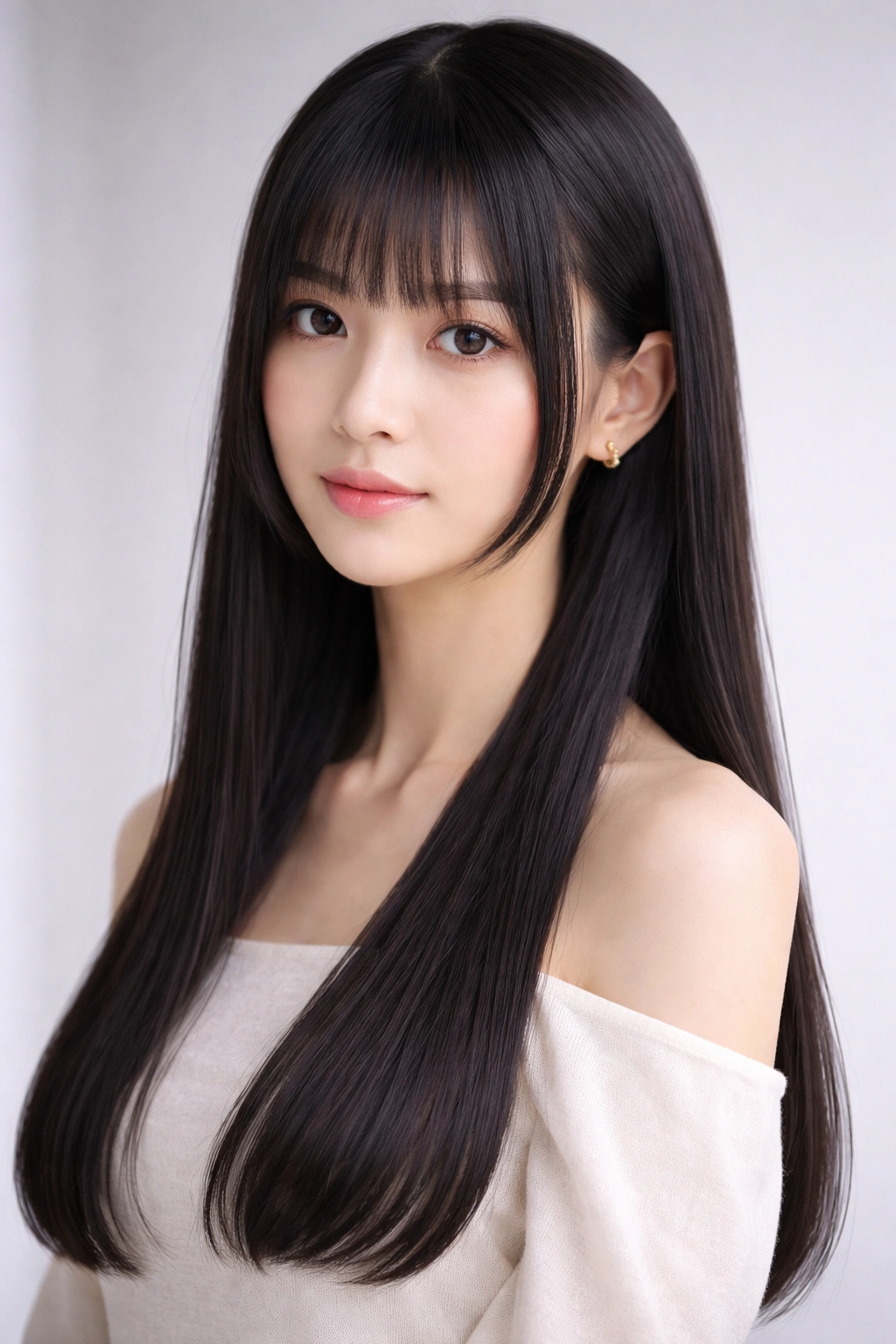 Close-up of Hime Cut with long face-framing front panels and a short back.