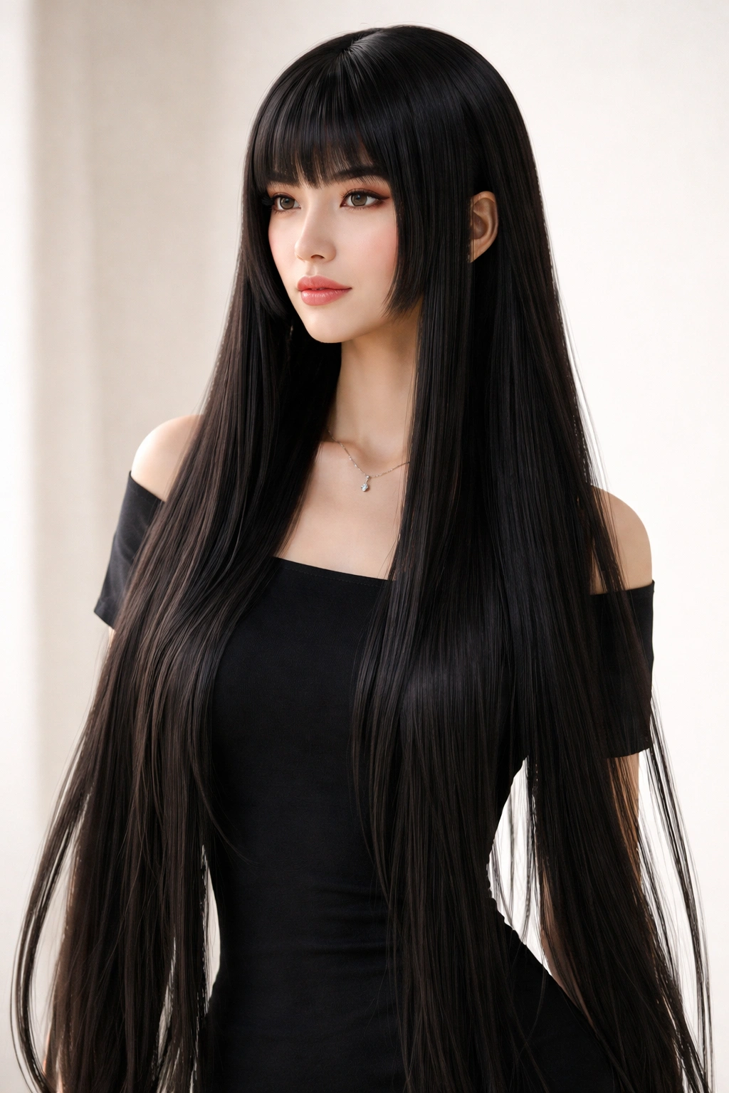 12 Hime Cut Hairstyles For Sleek Straight Hair 1 Portrait of a person with classic long hime cut and extended side locks flowing past shoulders