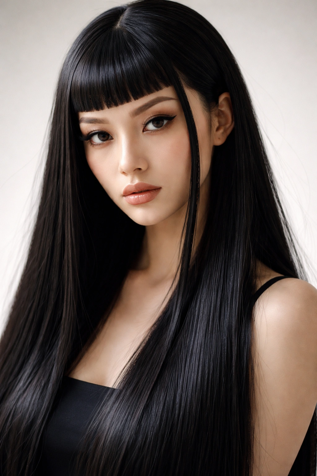 12 Hime Cut Hairstyles For Sleek Straight Hair 8 Portrait of a person with micro-bangs and long side locks in a bold hime cut