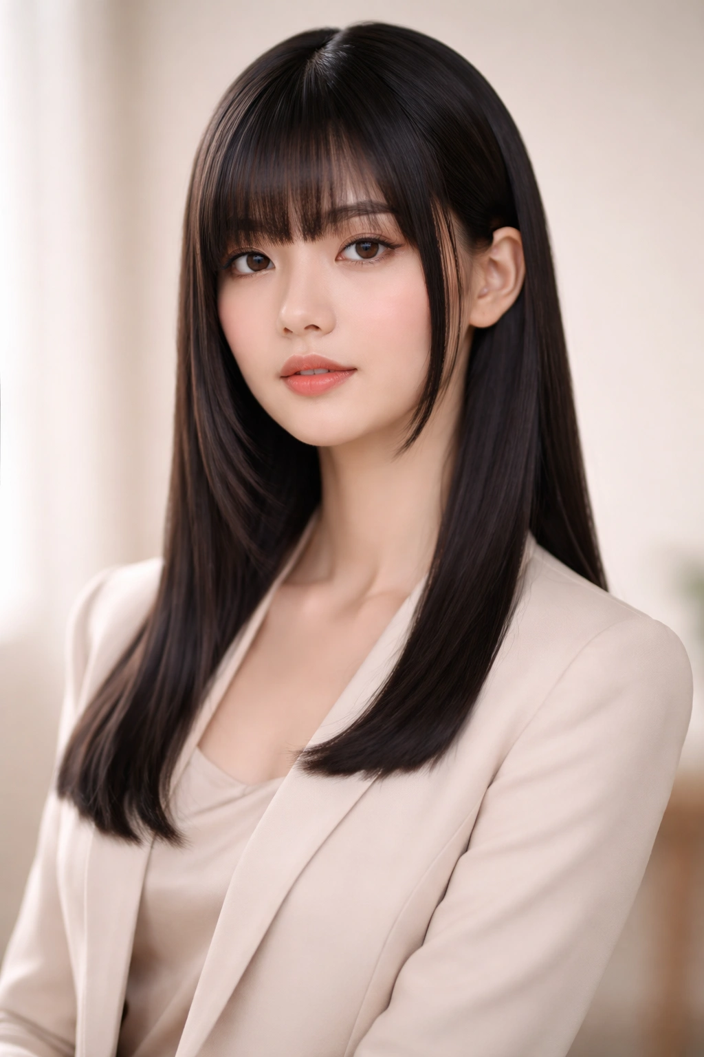 12 Hime Cut Hairstyles For Sleek Straight Hair 10 Portrait of a person with a minimalist hime cut and subtle proportions