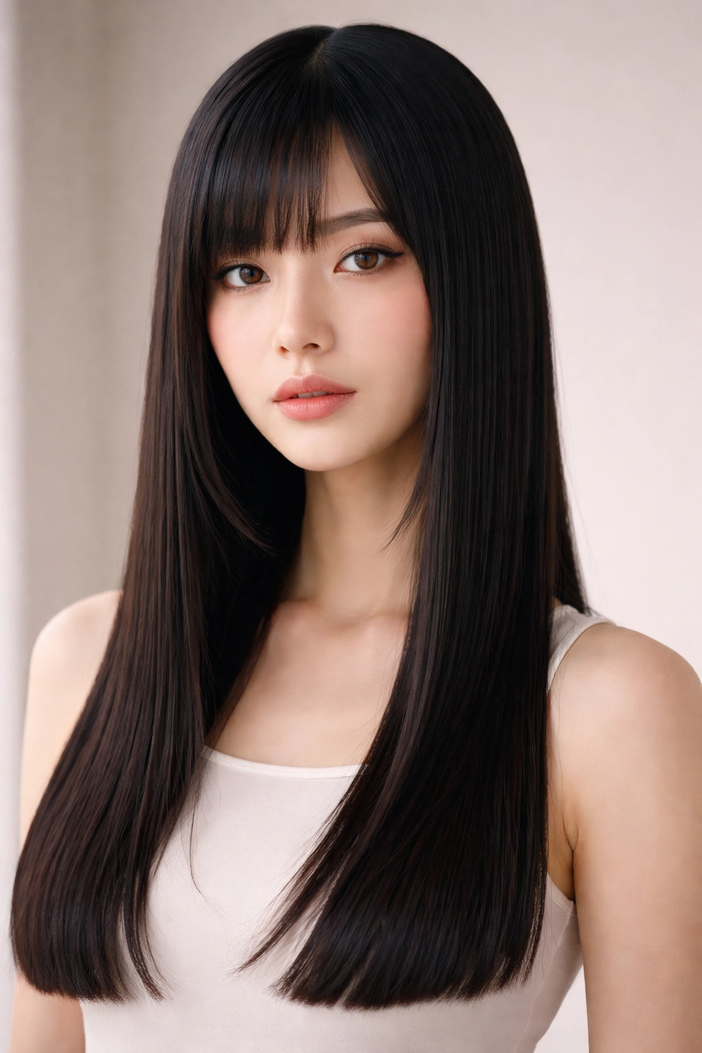 Close-up of Classic Blunt Hime with long face-framing pieces on straight hair in a studio portrait.
