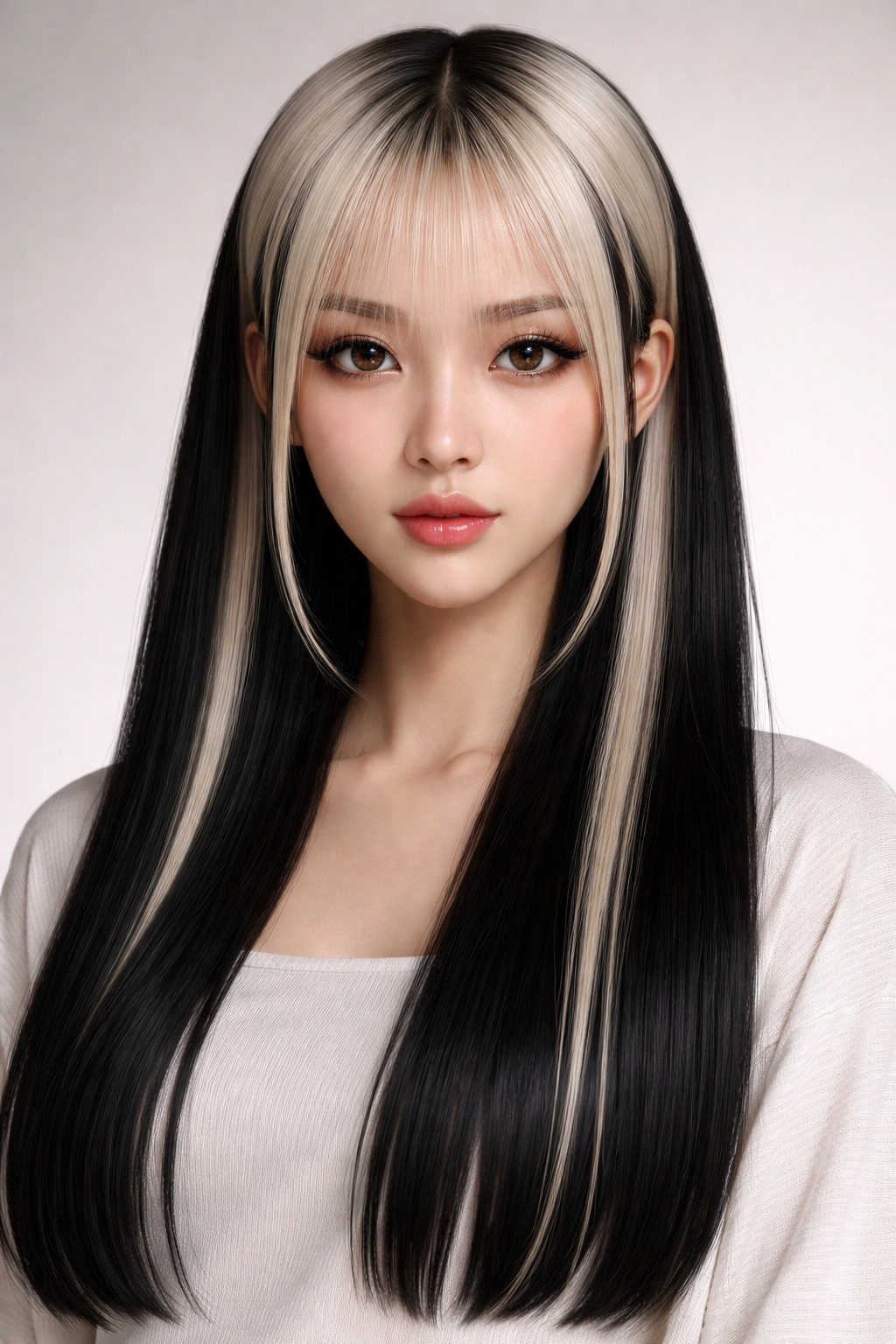 12 Hime Cut Hairstyles For Sleek Straight Hair 7 Portrait of a person with two-tone hime cut showing dark side locks and lighter crown on straight hair