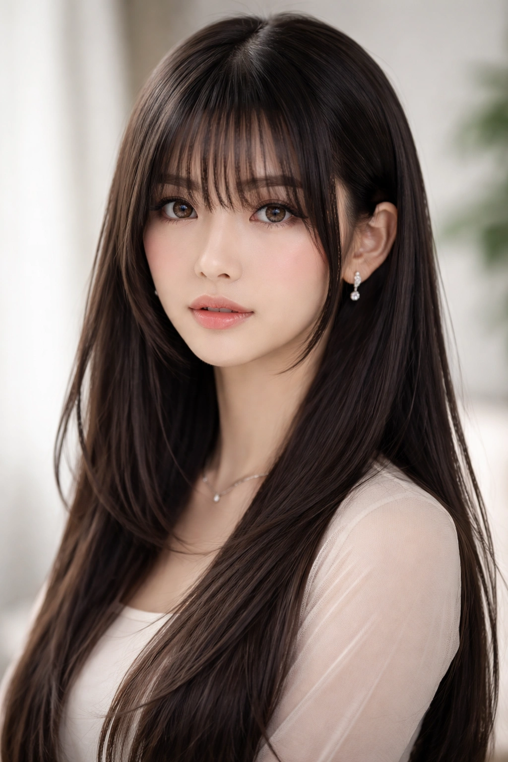 Portrait of Hime Cut with Wispy Long Bangs on straight hair.
