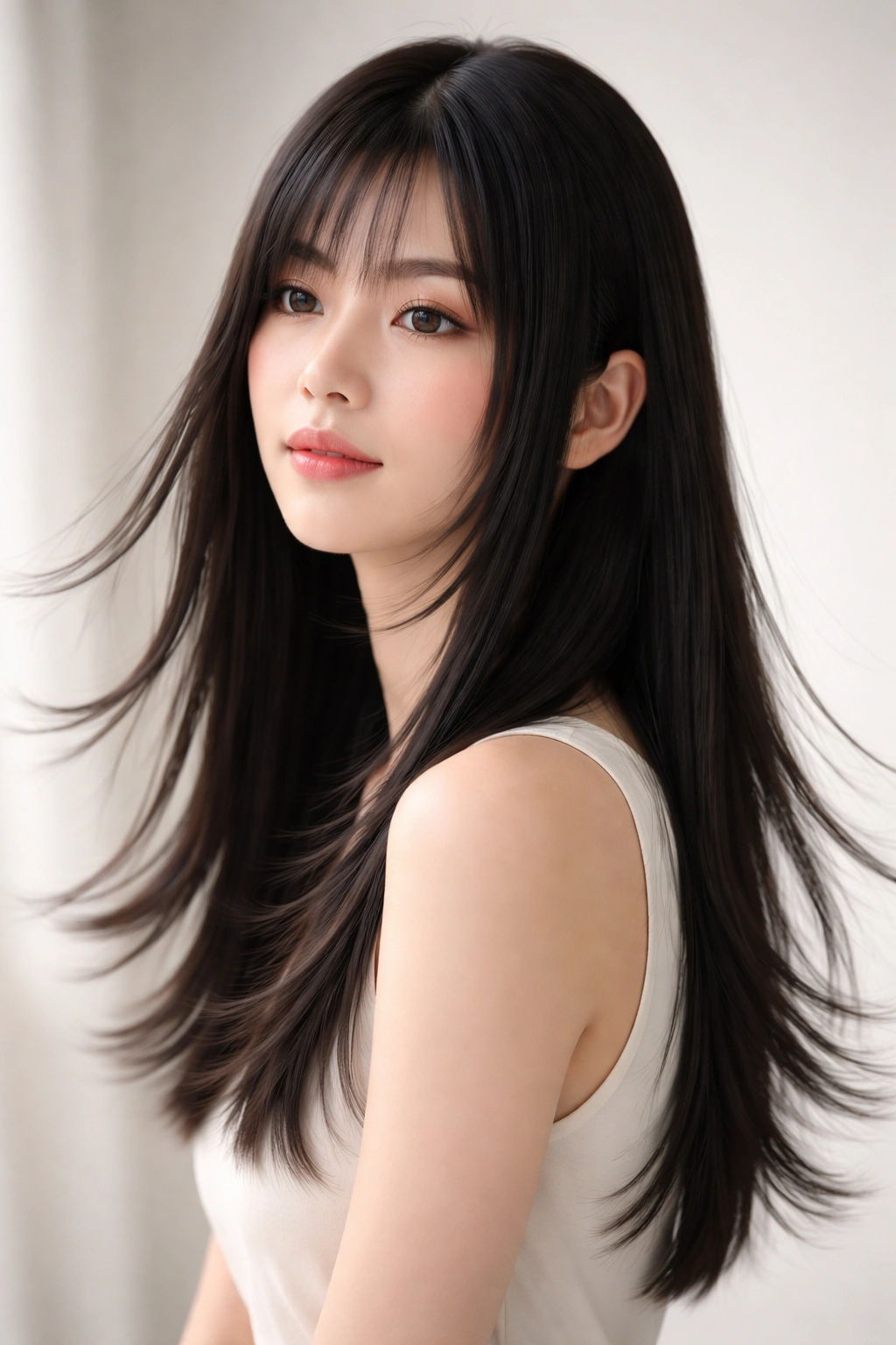 12 Hime Cut Hairstyles For Sleek Straight Hair 6 Portrait of hime cut with wispy, feathered ends for romantic movement