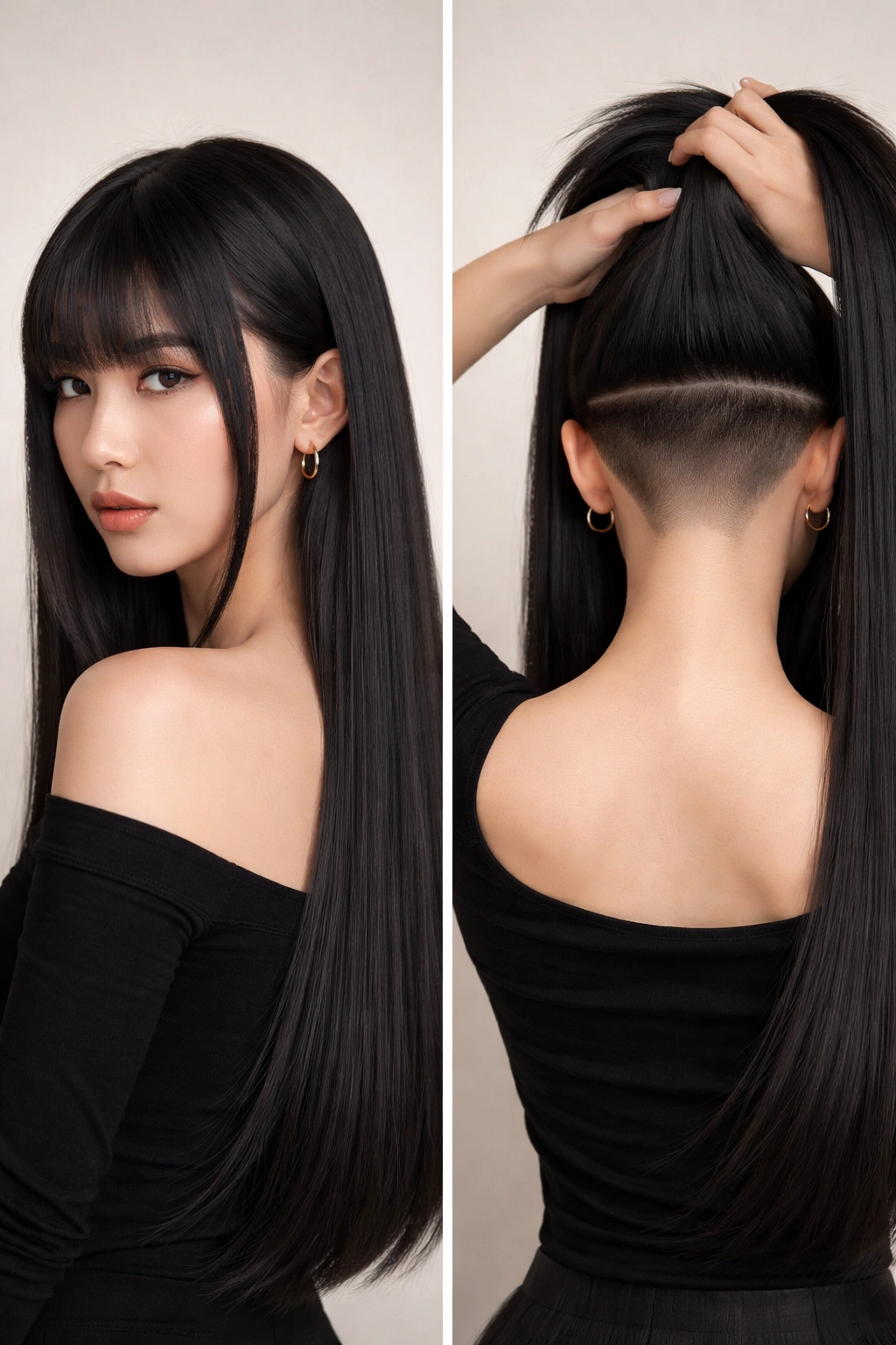 Hime cut with undercut and shaved nape showing bold geometric line when hair is lifted.