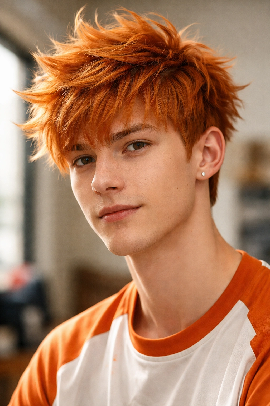 Hinata Shoyo ginger tousle hairstyle with short textured crop and fringe.